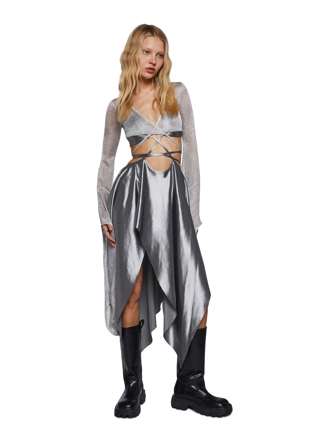 Womens Metallic Knit And Satin Asymmetrical Wrap Midi Dress Darker Wavs - Silver - Image 6