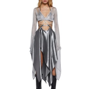 Womens Metallic Knit And Satin Asymmetrical Wrap Midi Dress Darker Wavs - Silver