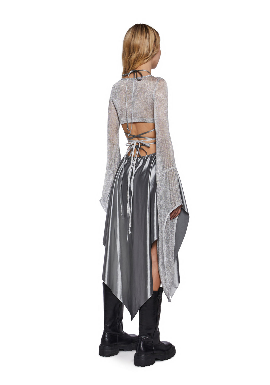 Womens Metallic Knit And Satin Asymmetrical Wrap Midi Dress Darker Wavs - Silver - Image 4