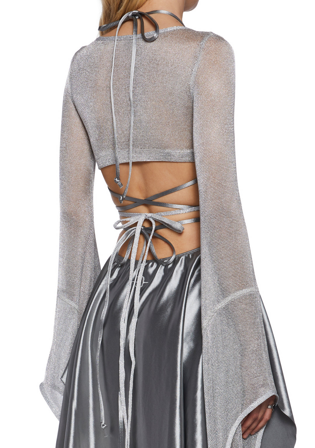 Womens Metallic Knit And Satin Asymmetrical Wrap Midi Dress Darker Wavs - Silver - Image 2