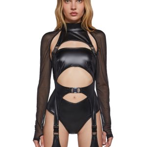 Womens Sexy Vinyl Romper With Belt Clips And Mesh Sleeves Ambient Darker Wavs - Black