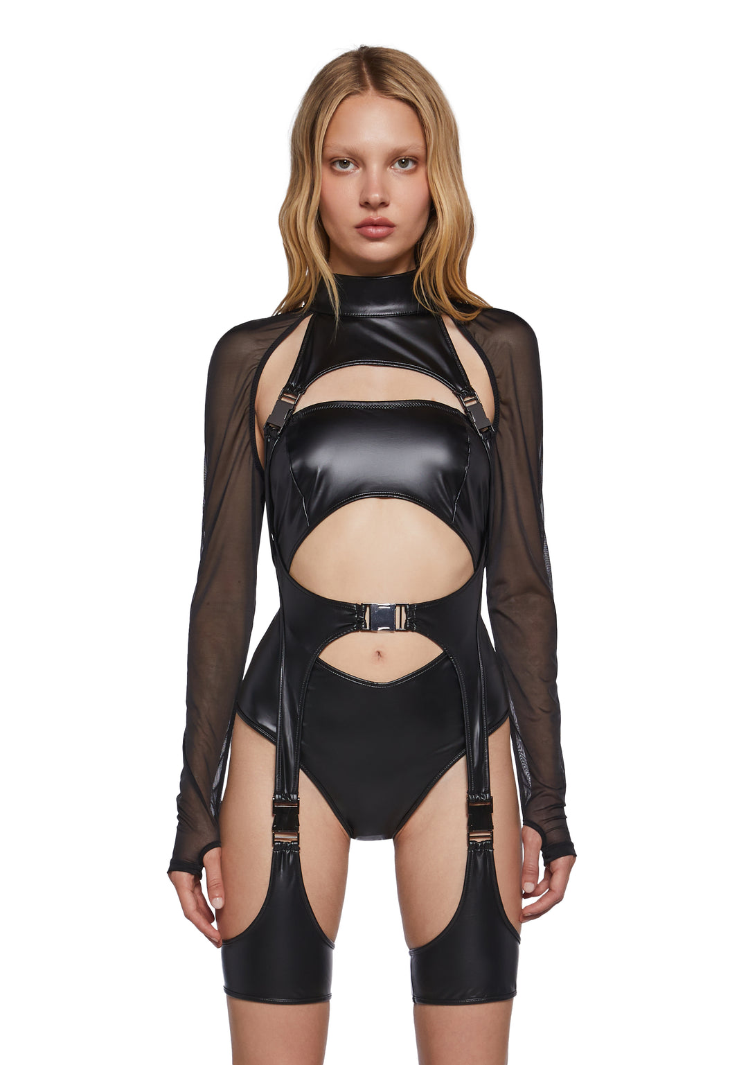 Womens Sexy Vinyl Romper With Belt Clips And Mesh Sleeves Ambient Darker Wavs - Black