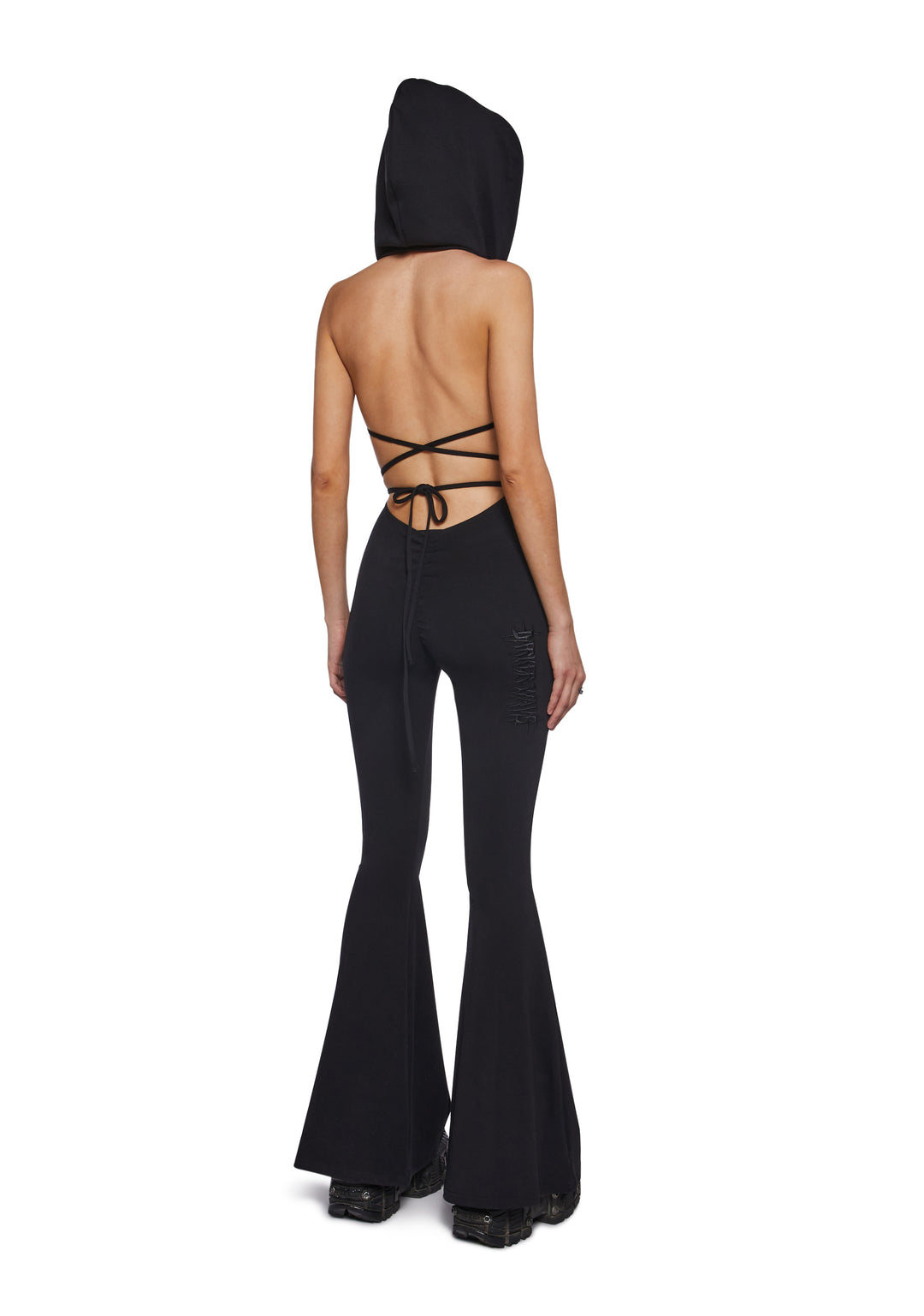 Womens Backless Hoodie Jumpsuit With Adjustable Ties Darker Wavs - Black - Image 4
