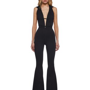 Womens Backless Hoodie Jumpsuit With Adjustable Ties Darker Wavs - Black