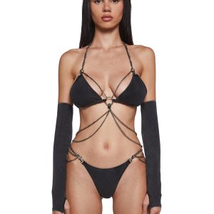 Womens Strappy Chain Jersey Cotton Lingerie Set Darker Wavs -Gray