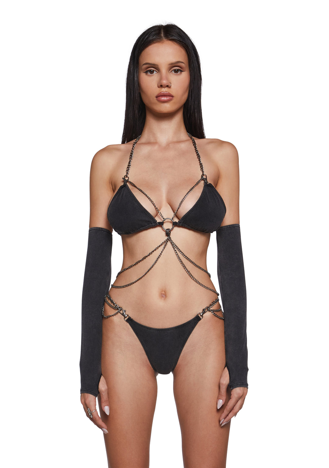 Womens Strappy Chain Jersey Cotton Lingerie Set Darker Wavs -Gray