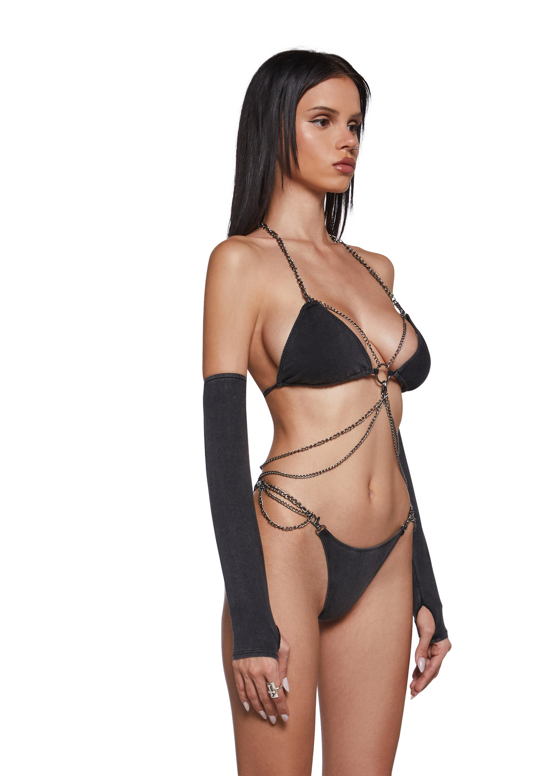 Womens Strappy Chain Jersey Cotton Lingerie Set Darker Wavs -Gray - Image 3