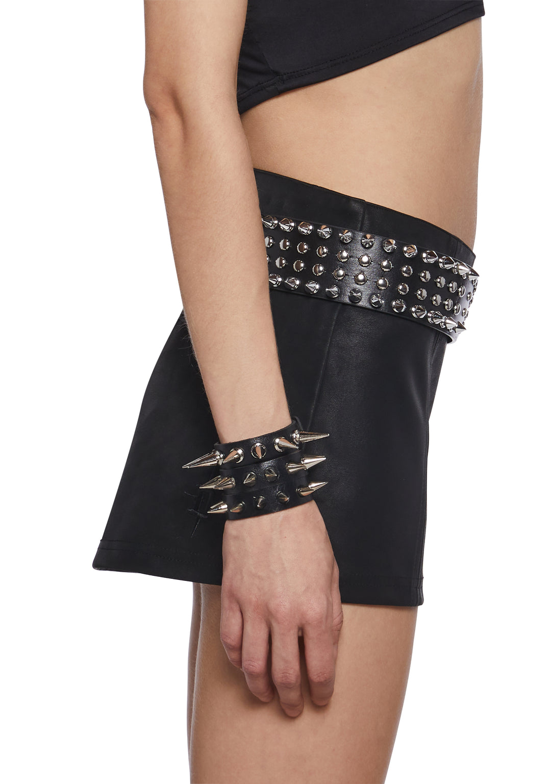 Vegan Leather Spiked Studs Cuff Set - Black