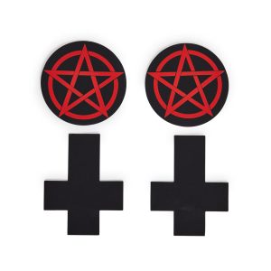 Goth Pentagram Upside Down Cross Pasties Set - Black