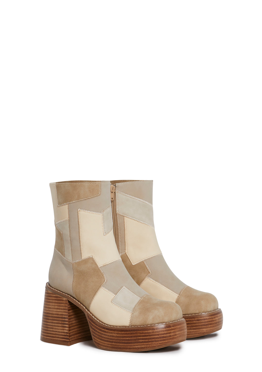 Patchwork Suede Vegan Leather Ankle Boots Delias - Beige - Image 3