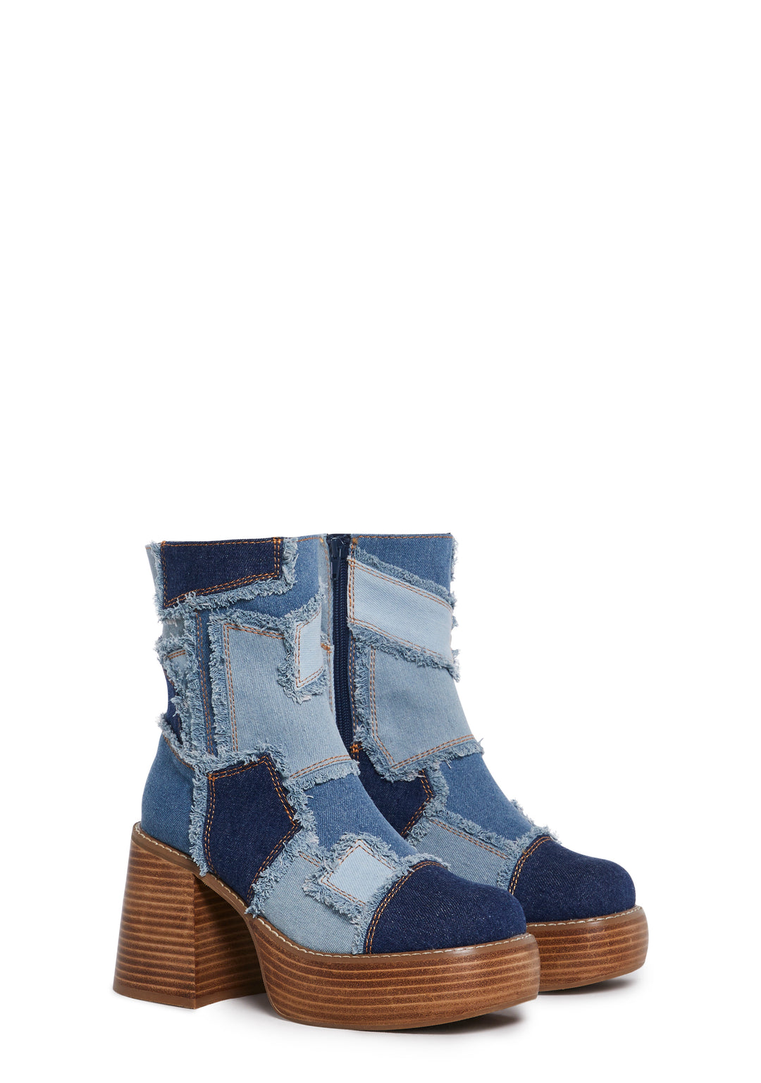 Distressed Denim Patchwork Ankle Boots Delias - Blue - Image 3