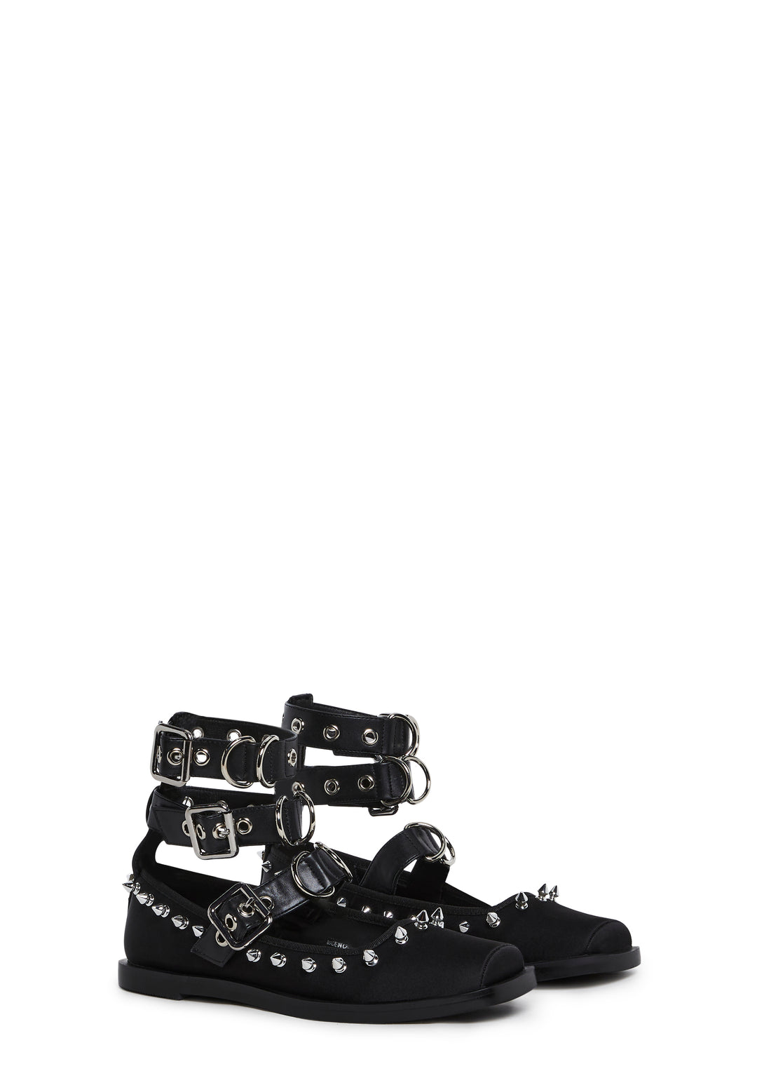 Satin Ballerina Flats With Studded Details And Vegan Leather Buckles Current Mood - Black - Image 3