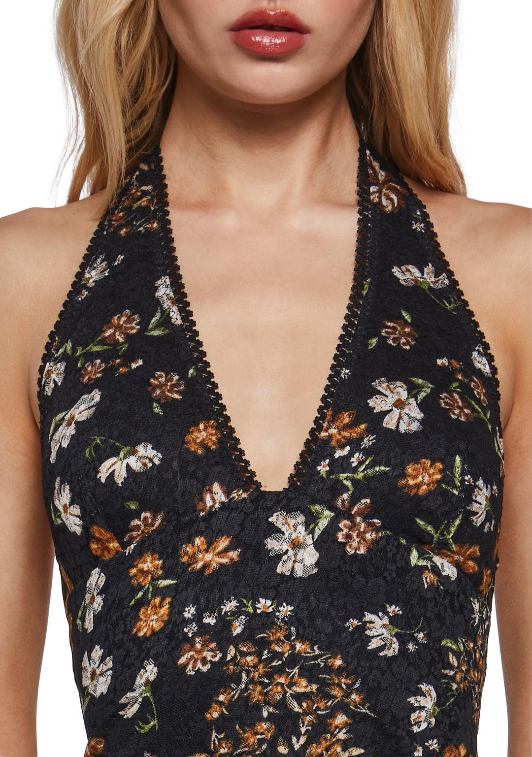 Womens Floral Fairy Lace Halter Crop Top Current Mood - Black - Image 5