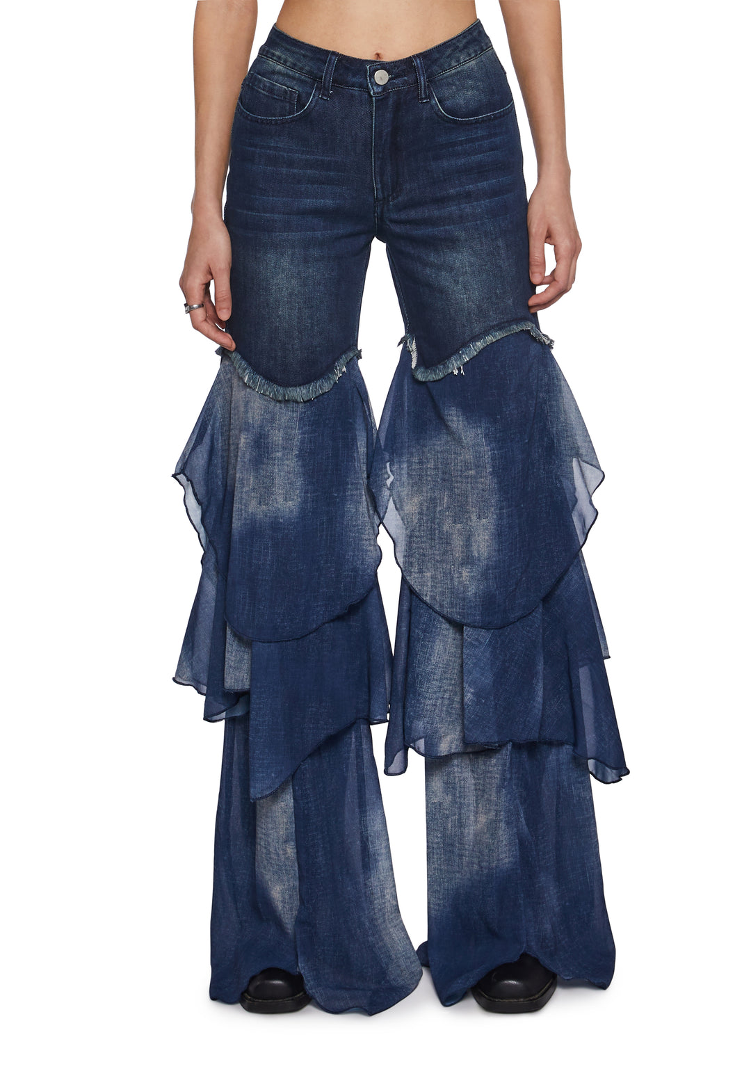 Womens Denim Jeans And Chiffon Flared Pants Current Mood- Blue