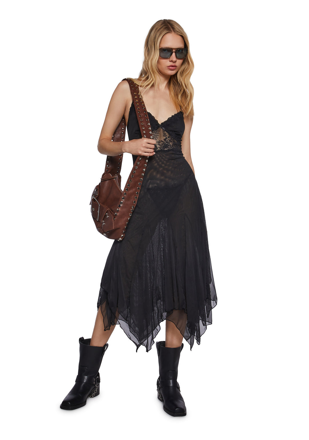 Womens Mesh Lace Handkerchief Hem Slip Dress Current Mood - Black - Image 5