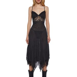 Womens Mesh Lace Handkerchief Hem Slip Dress Current Mood - Black