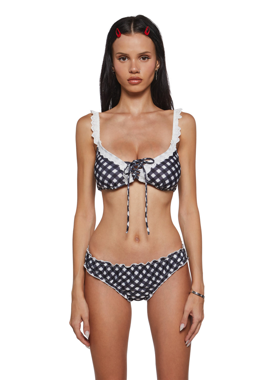 Womens Gingham Bikini Set Swim Summer Sugar Thrillz - Black