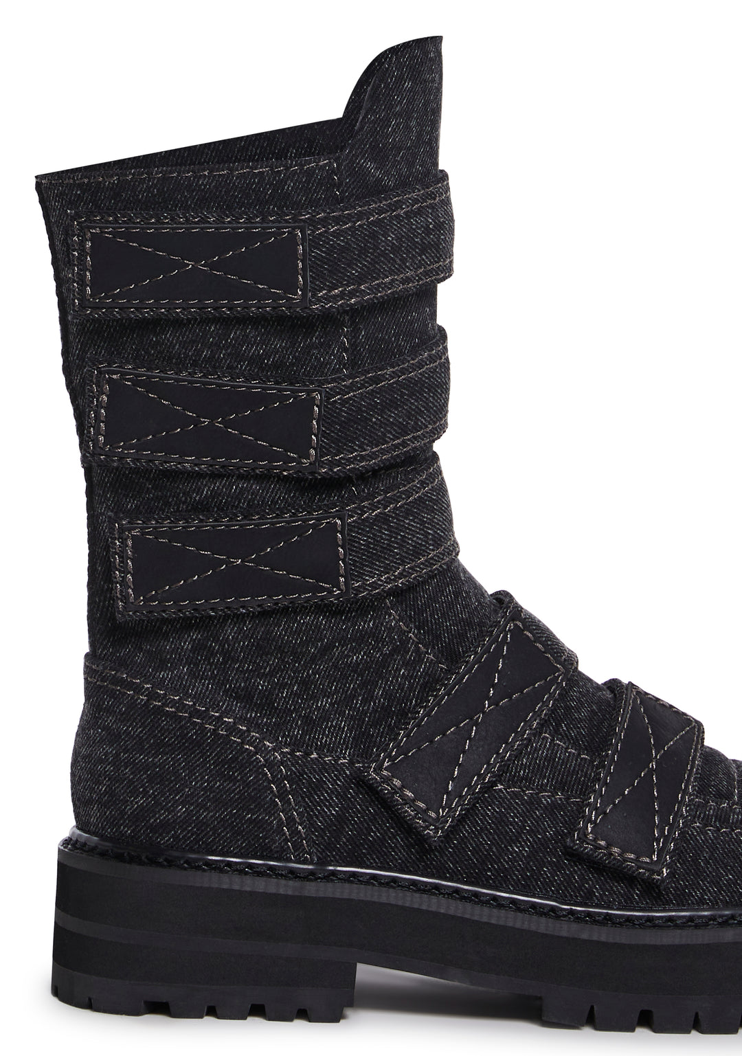 Denim Velcro Ankle Boots With Side Zipper Closures Darker Wavs - Black - Image 2