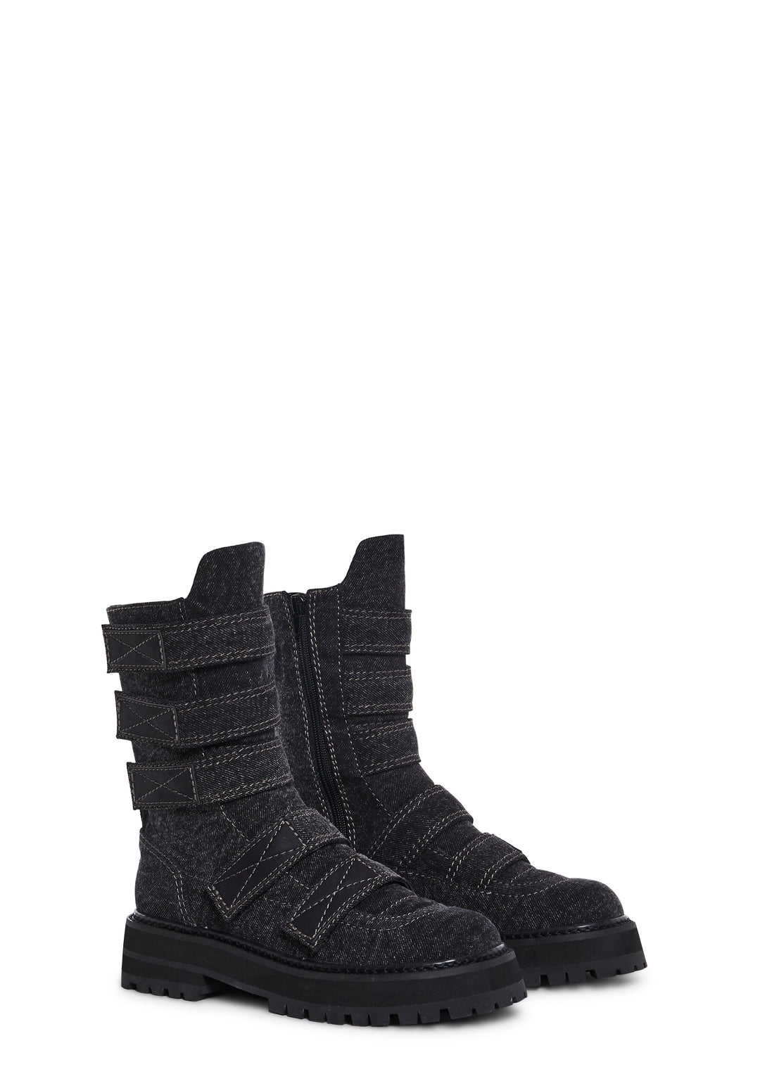 Denim Velcro Ankle Boots With Side Zipper Closures Darker Wavs - Black - Image 3
