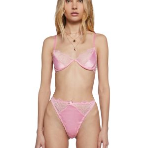 Womens Sheer Lace Satin Bra And Thong Panty Lingerie Set Current Mood - Pink