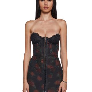 Rose Print Mesh Lace Bustier Slip Dress Current Mood - Black