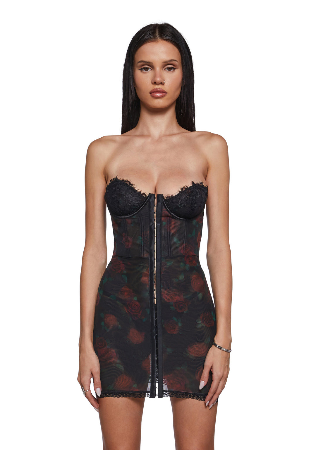 Rose Print Mesh Lace Bustier Slip Dress Current Mood - Black