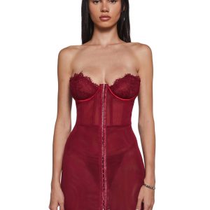 Womens Mesh Lace Bustier Slip Dress Current Mood - Red
