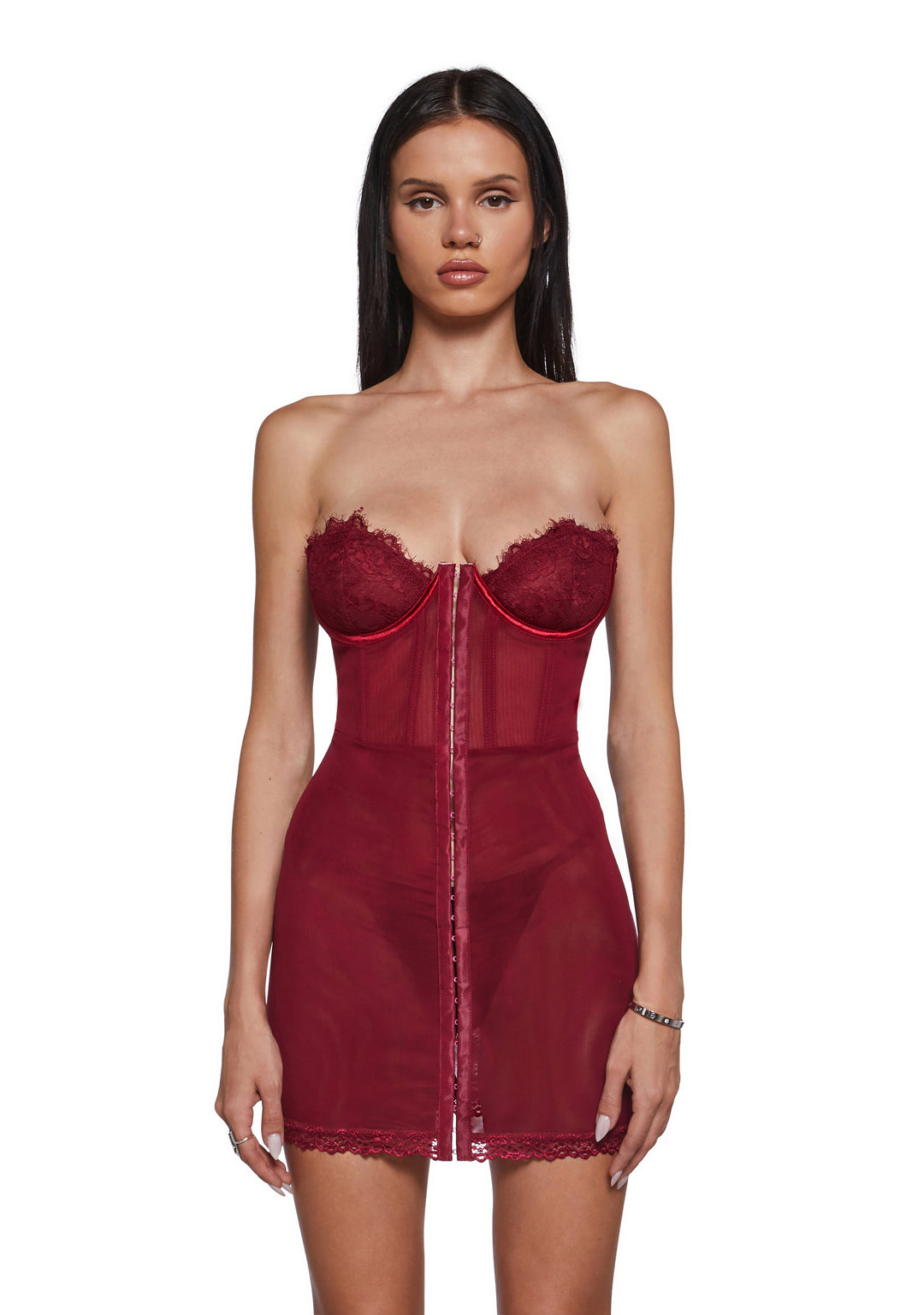 Womens Mesh Lace Bustier Slip Dress Current Mood - Red