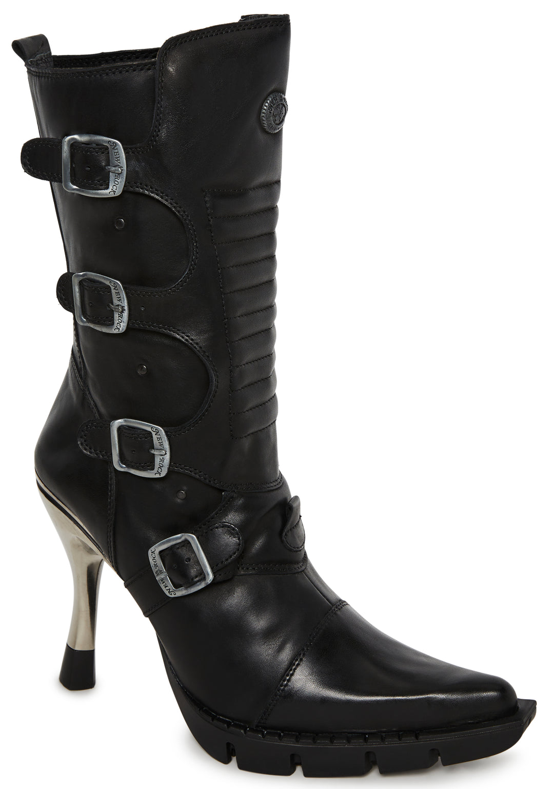 New Rock M-9373N-C2 Skinny Metal Chrome Heel Moto Boots - Black - Image 2
