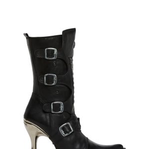 New Rock M-9373N-C2 Skinny Metal Chrome Heel Moto Boots - Black