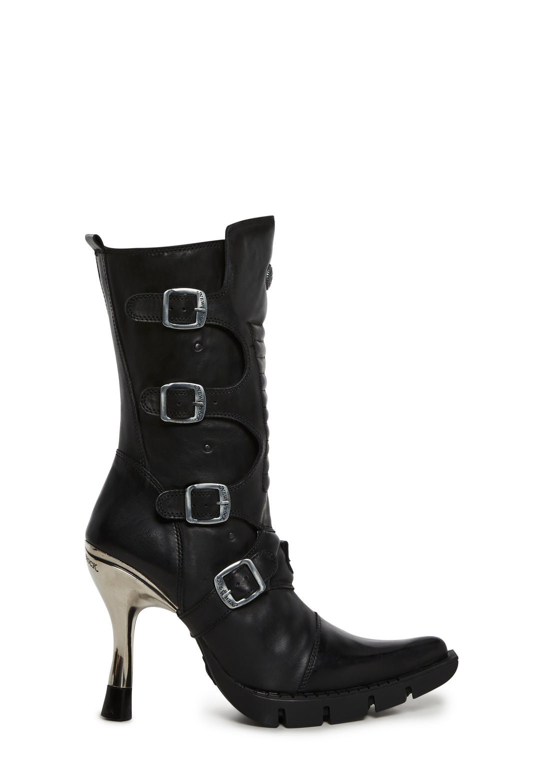 New Rock M-9373N-C2 Skinny Metal Chrome Heel Moto Boots - Black