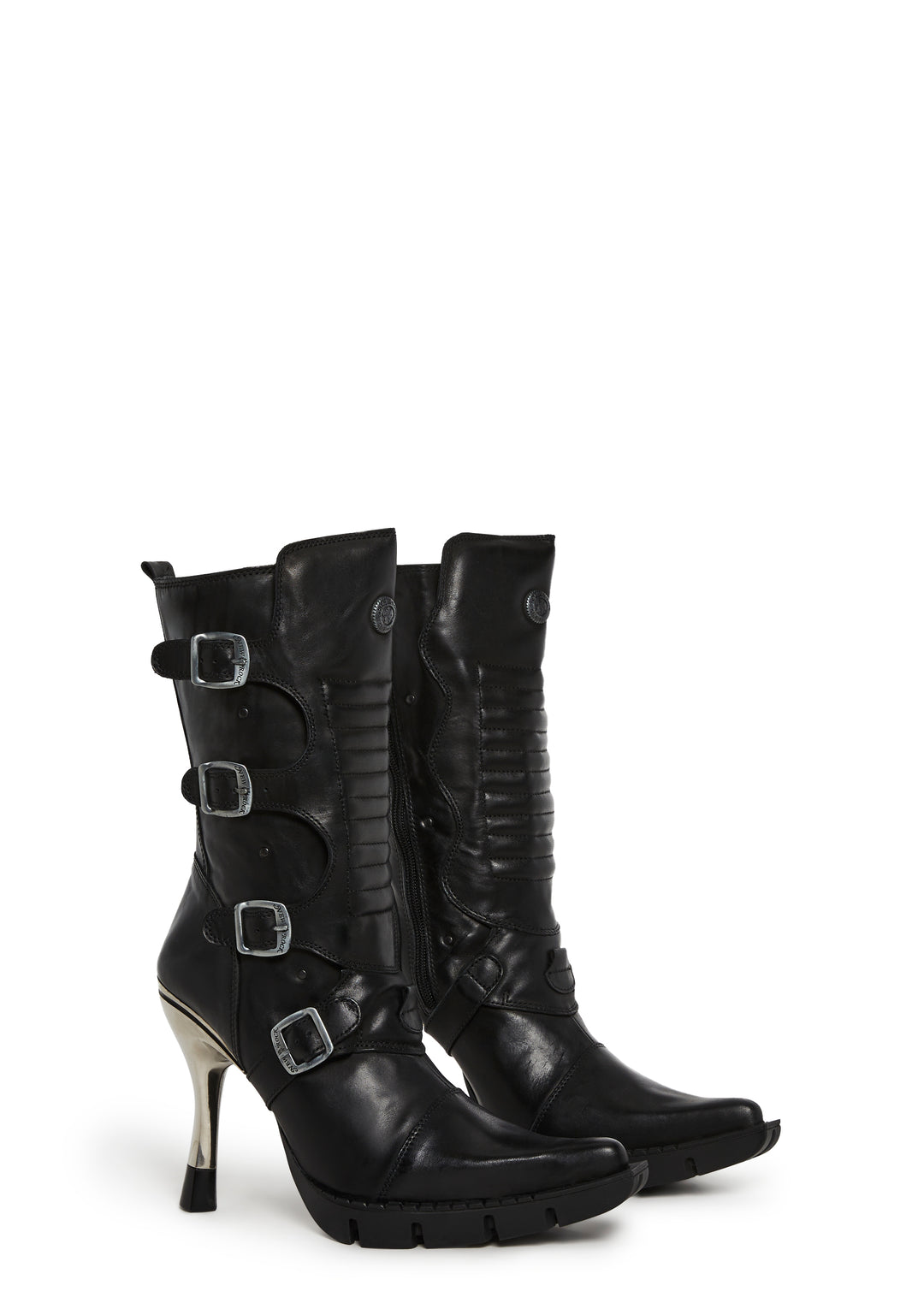 New Rock M-9373N-C2 Skinny Metal Chrome Heel Moto Boots - Black - Image 3
