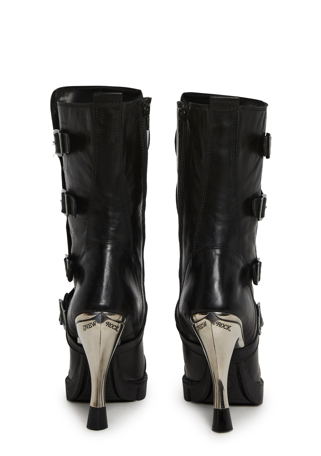 New Rock M-9373N-C2 Skinny Metal Chrome Heel Moto Boots - Black - Image 4