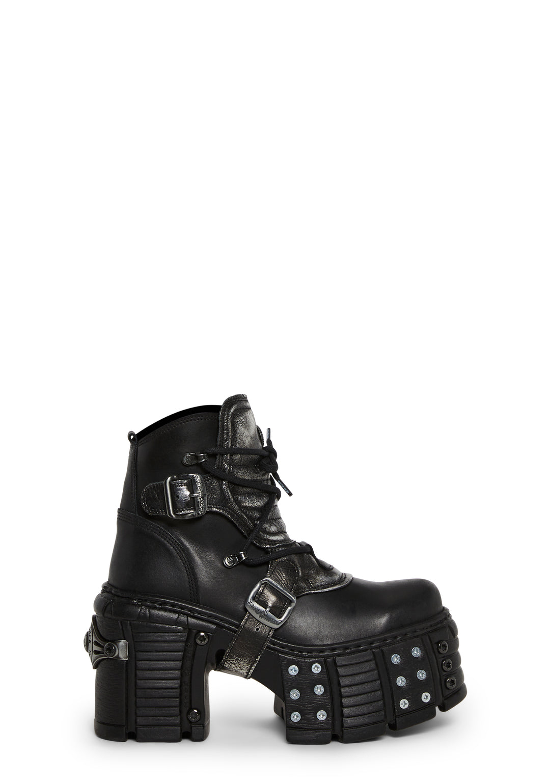 New Rock Moto Buckle Boots With Zippers - Black