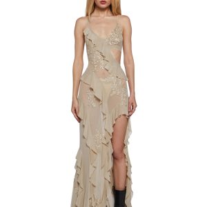 Womens Mesh Ruffled Asymmetrical Maxi Dress With Lace Appliques Current Mood - Off White