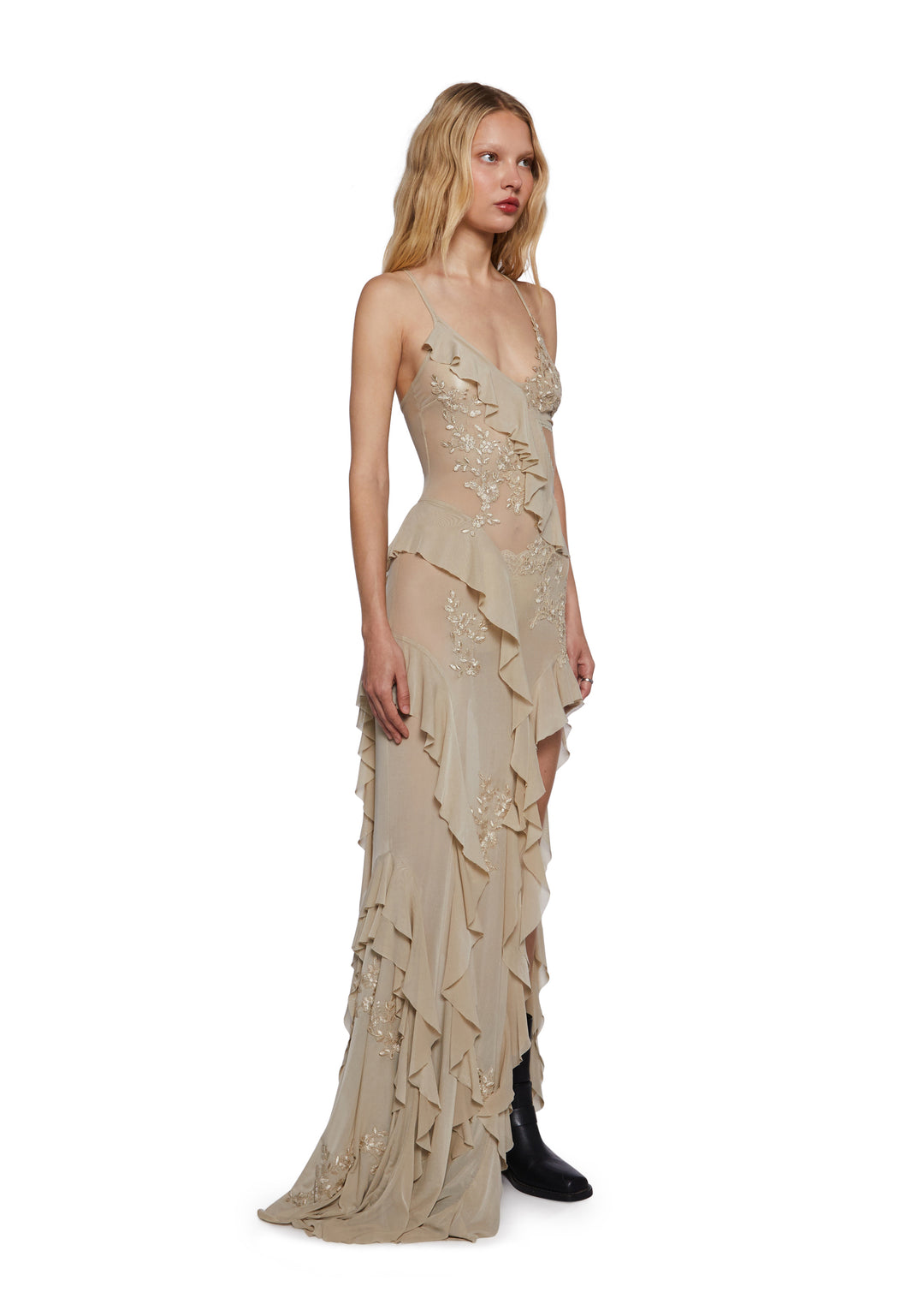 Womens Mesh Ruffled Asymmetrical Maxi Dress With Lace Appliques Current Mood - Off White - Image 3
