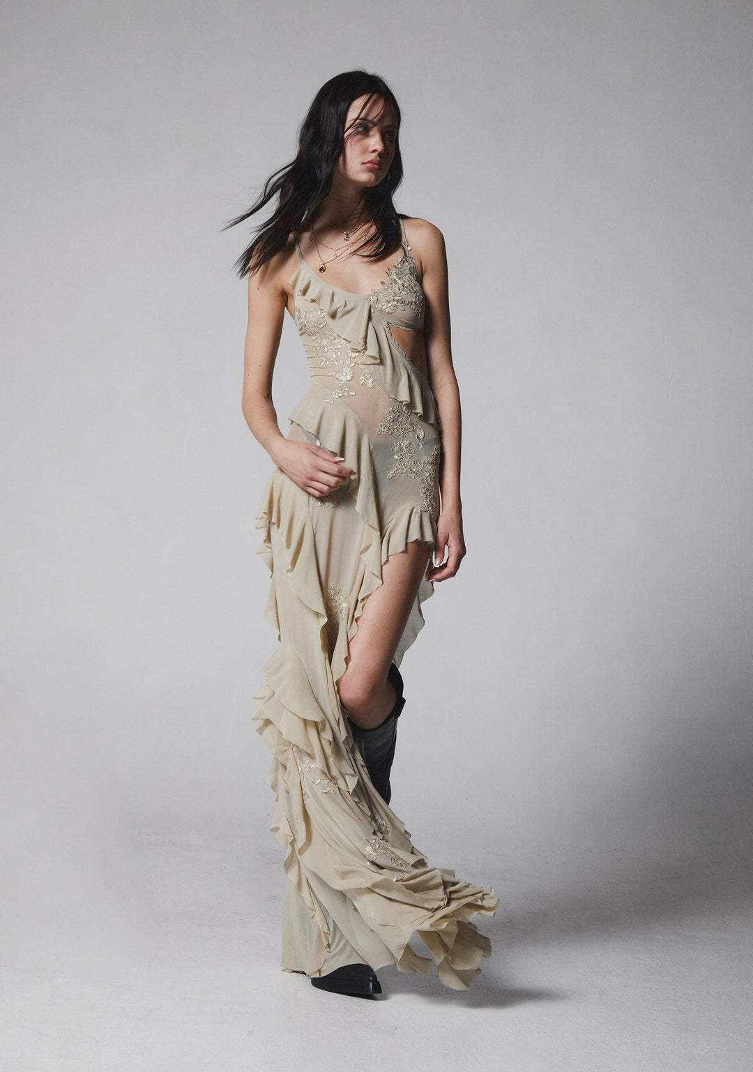Womens Mesh Ruffled Asymmetrical Maxi Dress With Lace Appliques Current Mood - Off White - Image 6