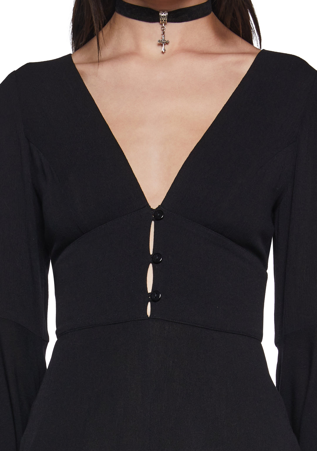 Womens Sexy Boho Gauzy Viscose Romper With Flared Long Sleeves Current Mood - Black - Image 5