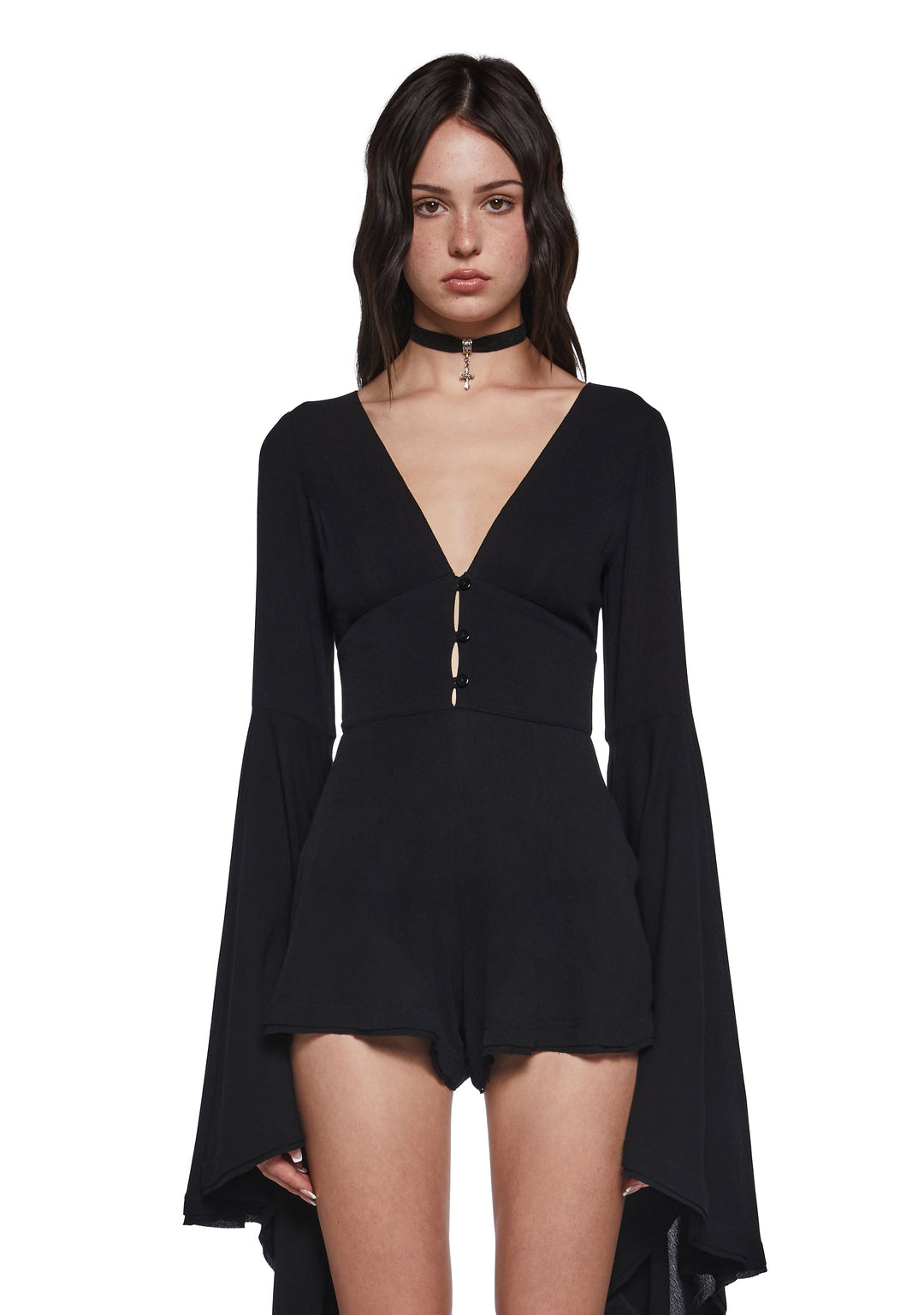 Womens Sexy Boho Gauzy Viscose Romper With Flared Long Sleeves Current Mood - Black