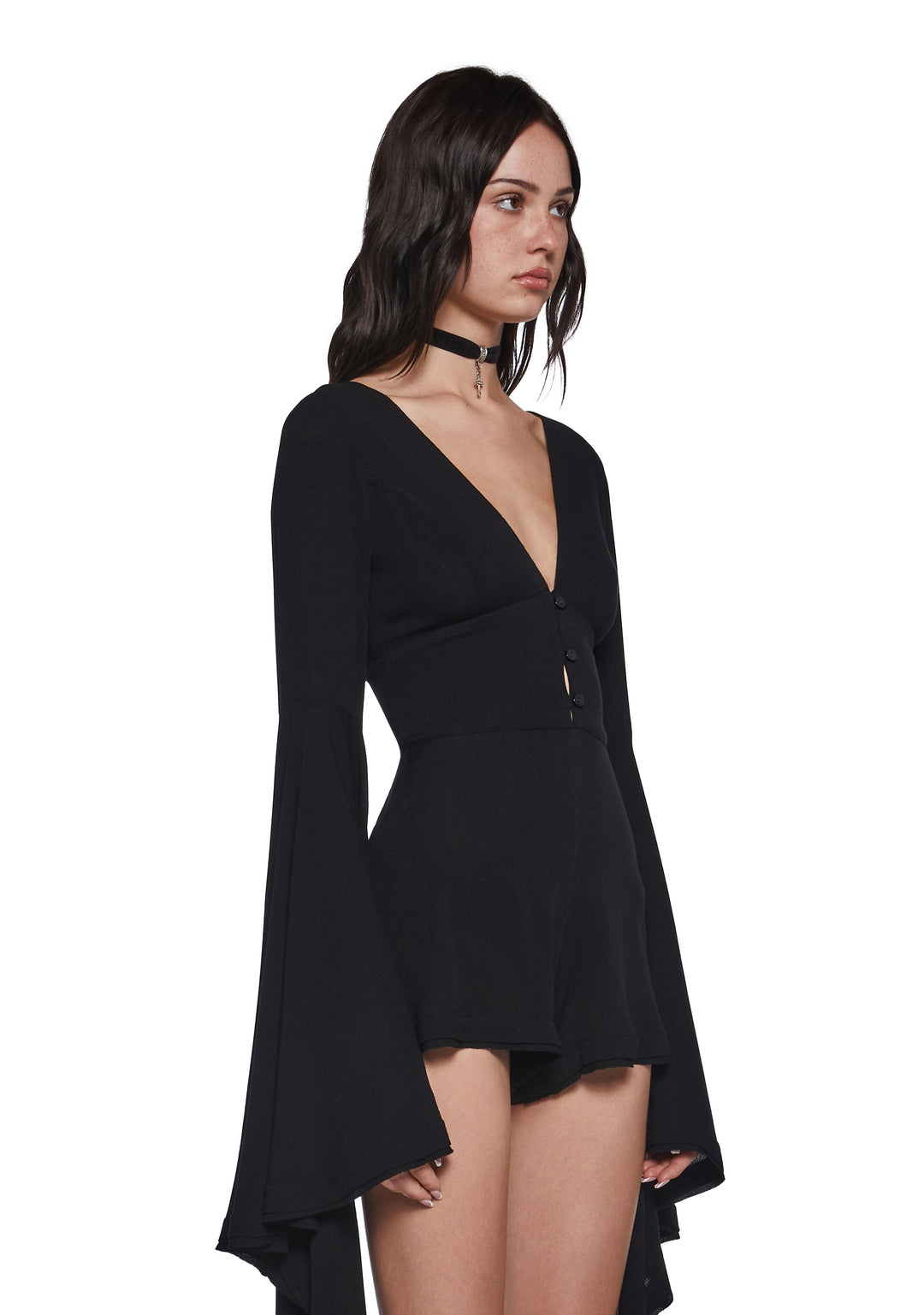 Womens Sexy Boho Gauzy Viscose Romper With Flared Long Sleeves Current Mood - Black - Image 3