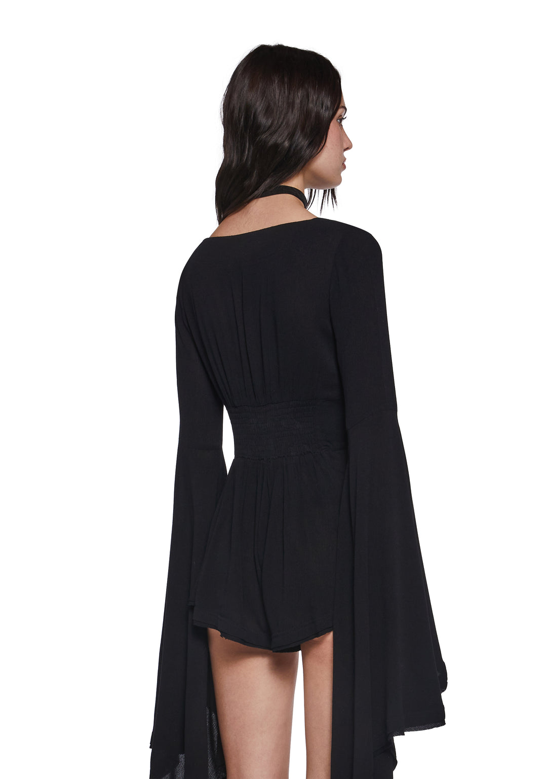 Womens Sexy Boho Gauzy Viscose Romper With Flared Long Sleeves Current Mood - Black - Image 4