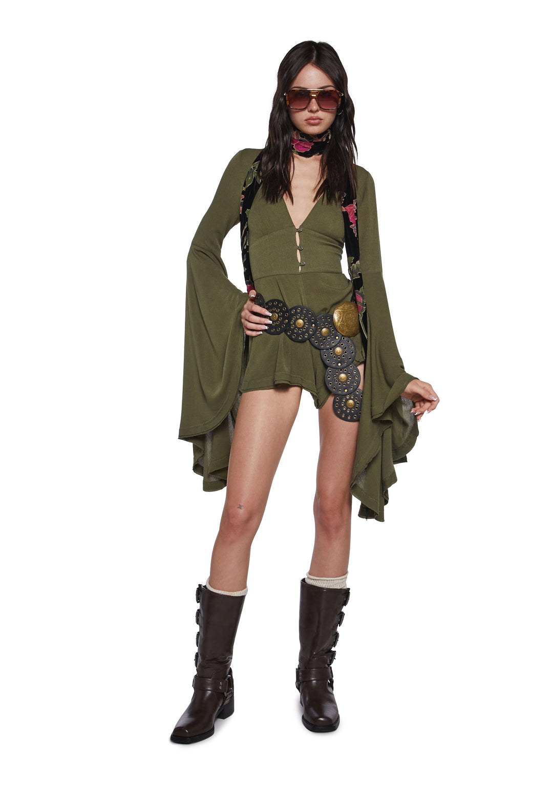 Womens Sexy Boho Gauzy Viscose Romper With Flared Long Sleeves Current Mood - Green - Image 2