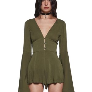 Womens Sexy Boho Gauzy Viscose Romper With Flared Long Sleeves Current Mood - Green