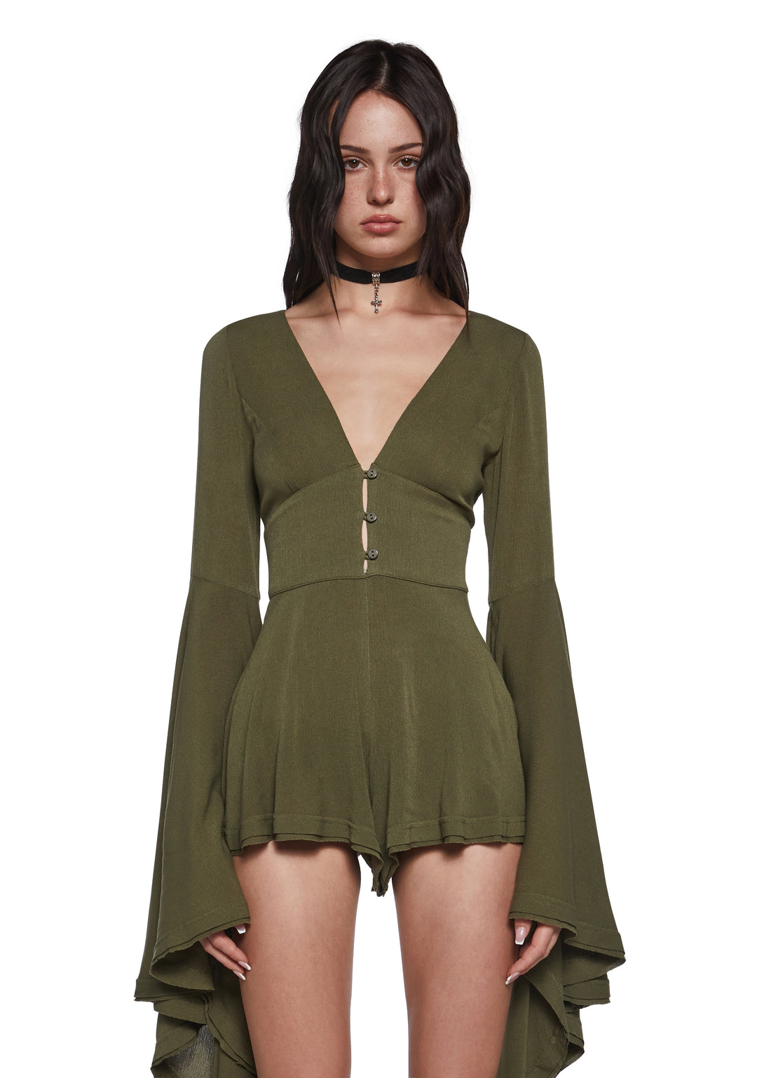 Womens Sexy Boho Gauzy Viscose Romper With Flared Long Sleeves Current Mood - Green