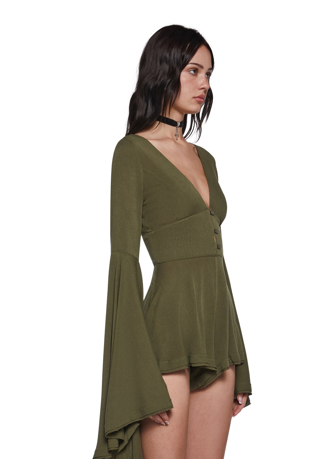 Womens Sexy Boho Gauzy Viscose Romper With Flared Long Sleeves Current Mood - Green - Image 3