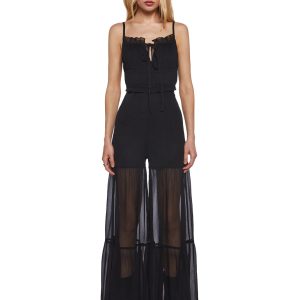 Womens Crepe Ruffled Maxi Pantsuit Current Mood - Black