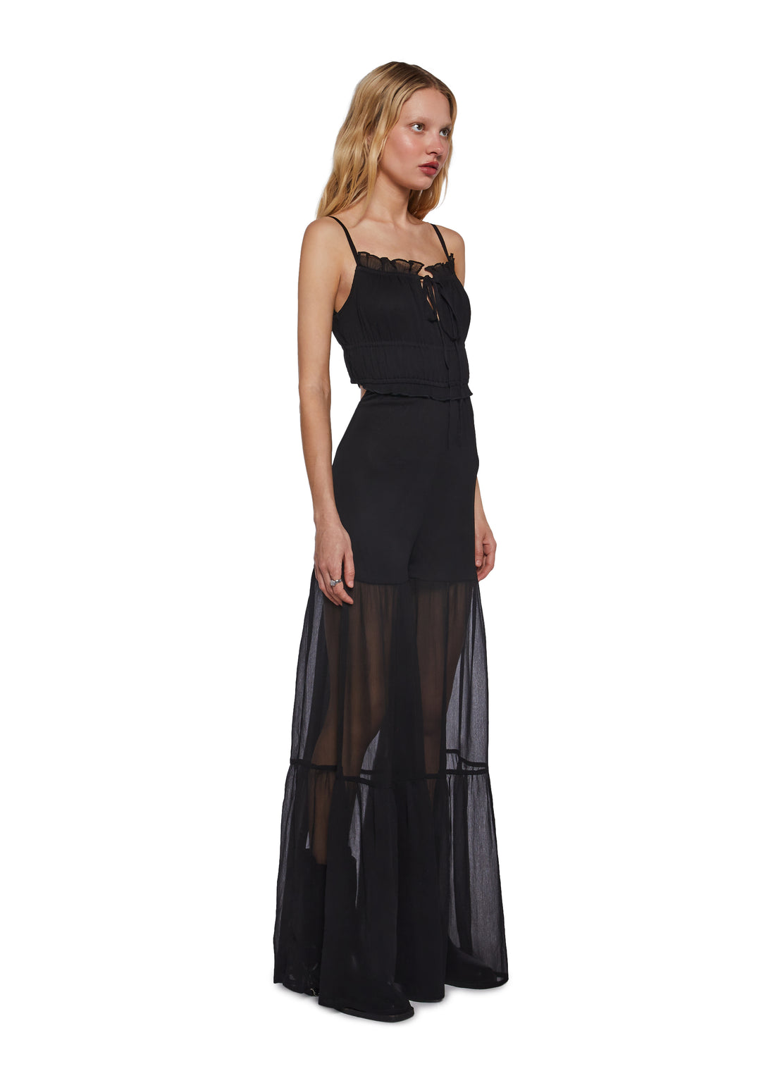 Womens Crepe Ruffled Maxi Pantsuit Current Mood - Black - Image 3