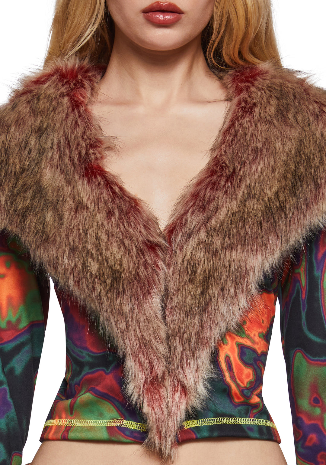 Womens Rave Trippy Graphic Faux Fur Long Sleeve Crop Top Club Exx - Multi - Image 5