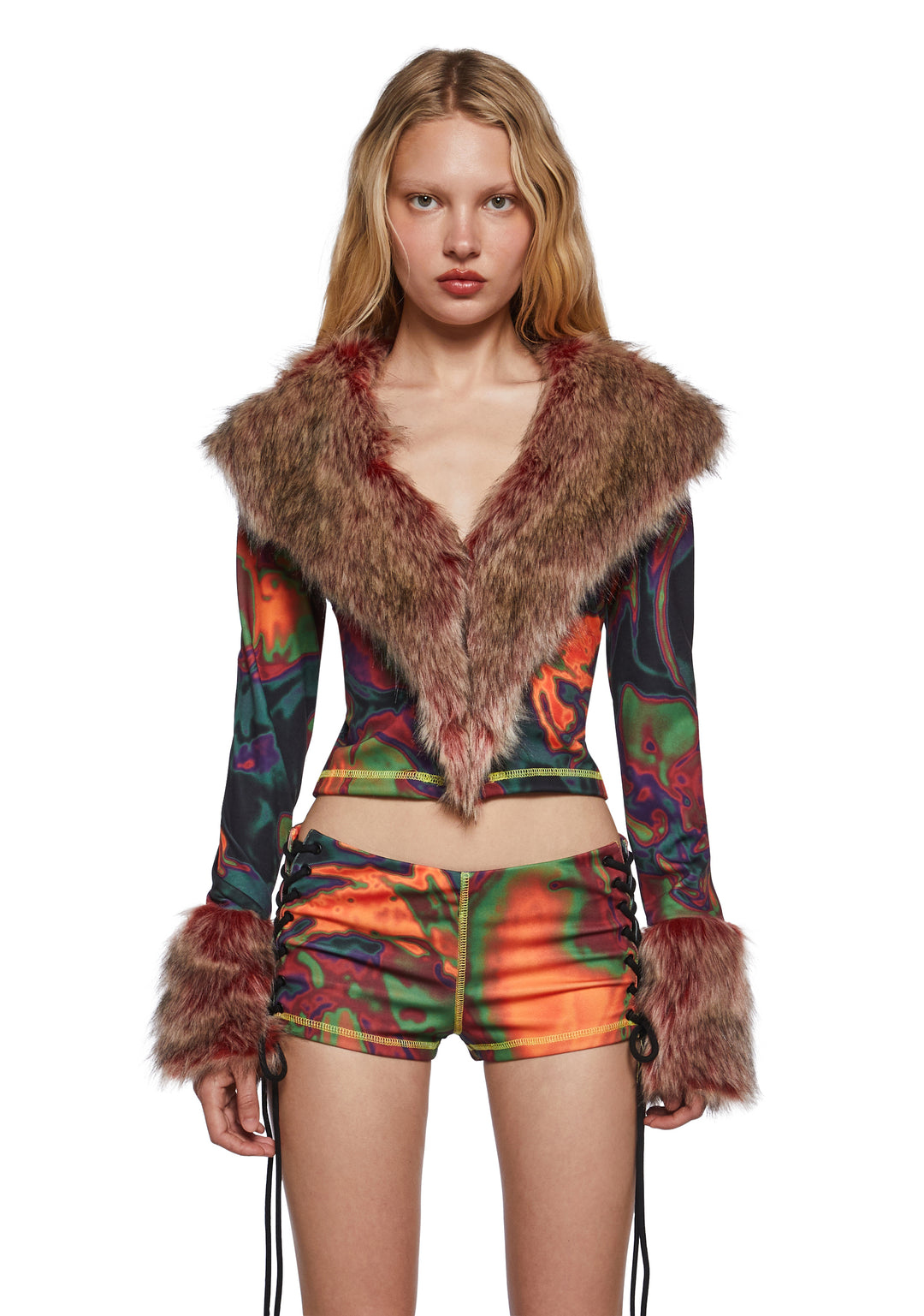Womens Rave Trippy Graphic Faux Fur Long Sleeve Crop Top Club Exx - Multi