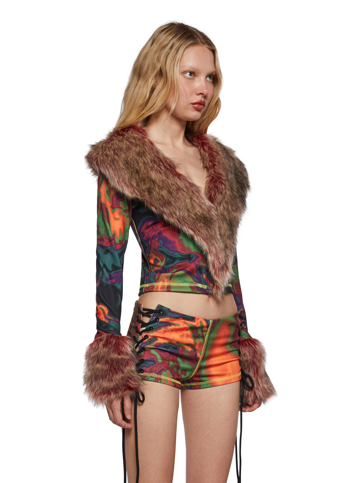Womens Rave Trippy Graphic Faux Fur Long Sleeve Crop Top Club Exx - Multi - Image 3